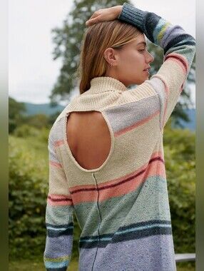 Daily Practice Anthropologie Turtleneck Sweater Dress Open Back Beige Blue S